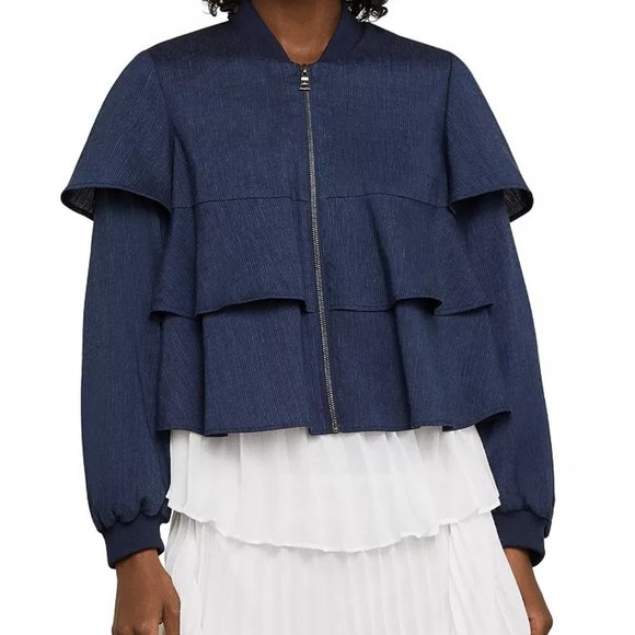 BCBG MAXAZRIA PINSTRIPE TIERED RUFFLE JACKET SIZE LARGE RETAIL $178